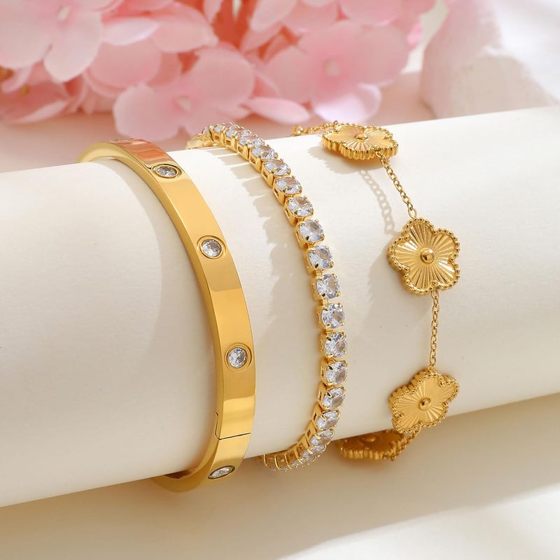 MPRAINBOW Womens Stackable Floral Gold Bracelets - 3Pcs 18K Gold Plated Bracelet,Stainless Steel Bangle Bracelets Non Tarnish, Gold Bracelet Set Trendy Jewelry,Christmas Valentines Birthday Gifts for Girlfriend - Image 4